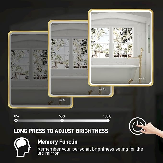 30x36 Inch LED Bathroom Mirror with Lights,Gold Metal Frame Lighted Vanity Mirror, Anti Fog Design&Dimmable&Touch Switch,Large Wall Mounted Mirror for Bathroom Decor (Horizontal&Vertical)