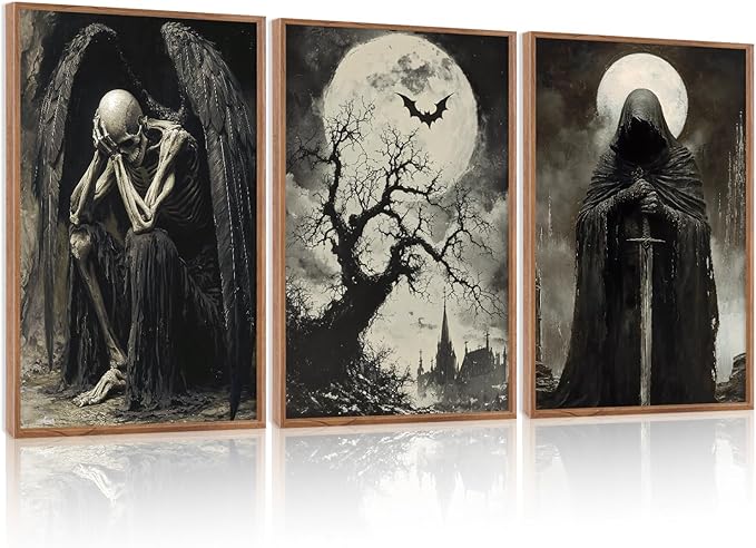 LHIUEM 16”X24”X3-Halloween Pictures Wall Art Large Gothic Posters Dark Academia Sword Michael Myers Artworks Witchy Wall Decor Aesthetic Halloween Skull Whimsical Goth Framed Decor for Living Room