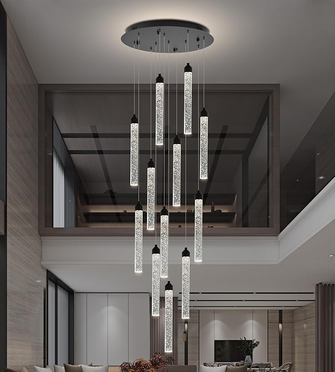 12-Lights High Ceiling Crystal Staircase Chandelier Black, Modern Spiral Raindrop Dimmable LED Bubble Cluster Ceiling Hanging Lighting Fixture for Foyer Living Room Entrance Remote Control