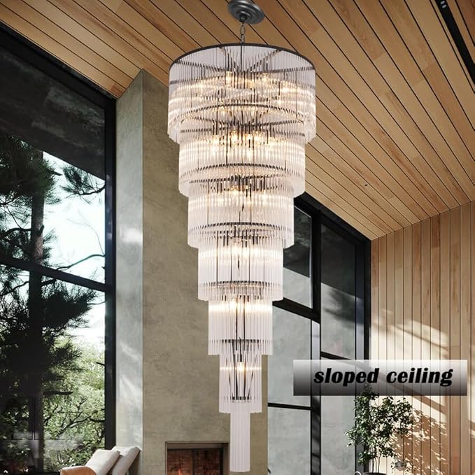 Large Black Chandeliers H71 Modern High Ceiling Chandelier 7-Tier Glass Chandelier Foyer Entryway Ceiling Light Fixture for Staircase Grand Living Room Entry Extra Long