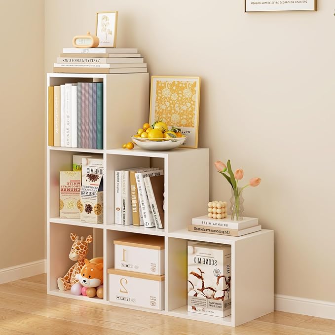 Ladder Cube Storage Bookcase - Wooden L-Shaped 3-Tier Corner Shelf, Reversible 6-Cube Organizer for Home & Office, White