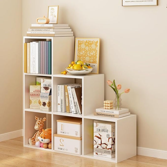 Ladder Cube Storage Bookcase - Wooden L-Shaped 3-Tier Corner Shelf, Reversible 6-Cube Organizer for Home & Office, White