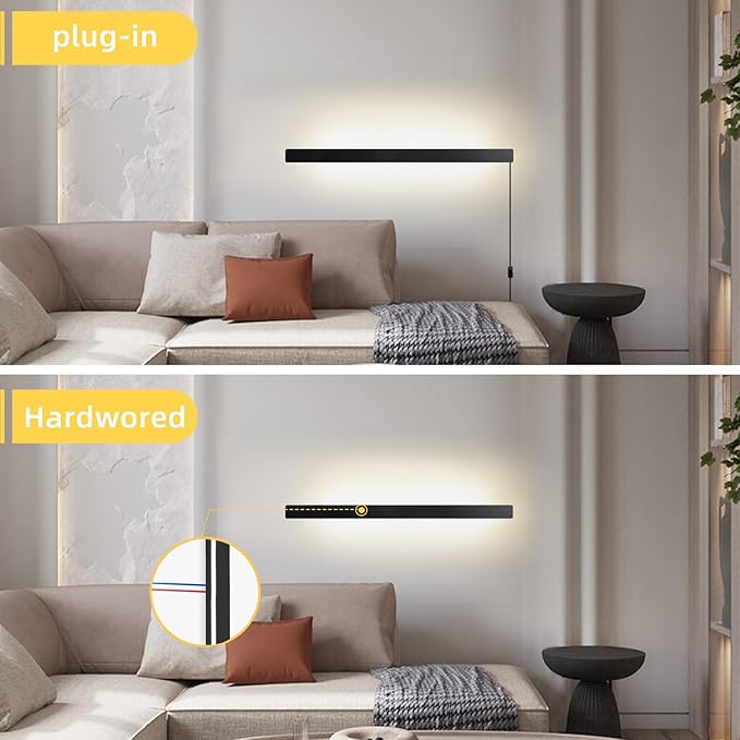 Modern Plug in Wall Lights, 31.4 inch Frosted Black LED Long Wall Sconce, 16W Warm White 3000K Acrylic Indoor Wall lamp,with 59" Plug Cable for Bedroom, Living Room, Hallway