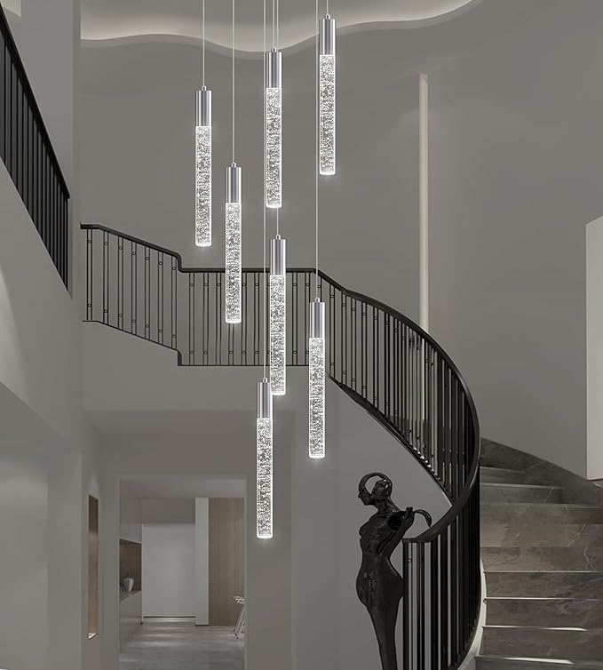 7-Lights High Ceiling Crystal Chandelier, Modern LED Raindrop Pendant Light Fixture 60" H Flush Mount Chandelier Chrome for Foyer Staircase Living Room