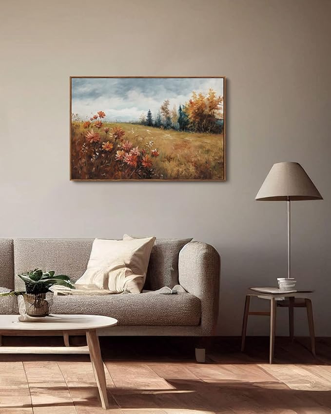 KISSFOX Vintage Fall Countryside Framed Wall Art Autumn Wildflower Forest Landscape Canvas Art Farmhouse Floral Golden Fields Paintings Artwork Rustic Serene Art Prints For Kitchen Living room Bedroom