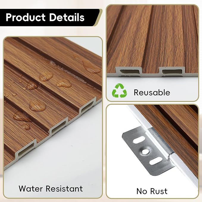 18Pack WPC Wainscoting Panels, 48.2 x 6.2 Inches 3D Accent Wall Panels for Interior Wall Decor, Fluted Wood Paneling for Living Room, TV Background, Office, Bedroom (Teak)