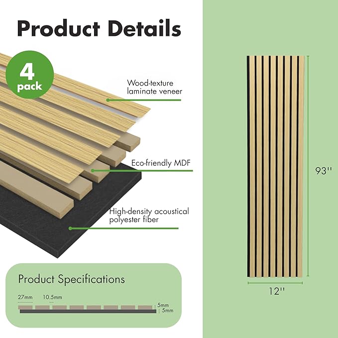 Art3d 4-Pack 12" x 93" Soundproof Wood Slat Panels, 31 sq.ft Acoustic Wall Panels, 3D Wall Panels with Wood Slat Design, Decorative Wood Wall Panel for Accent Walls-Oak
