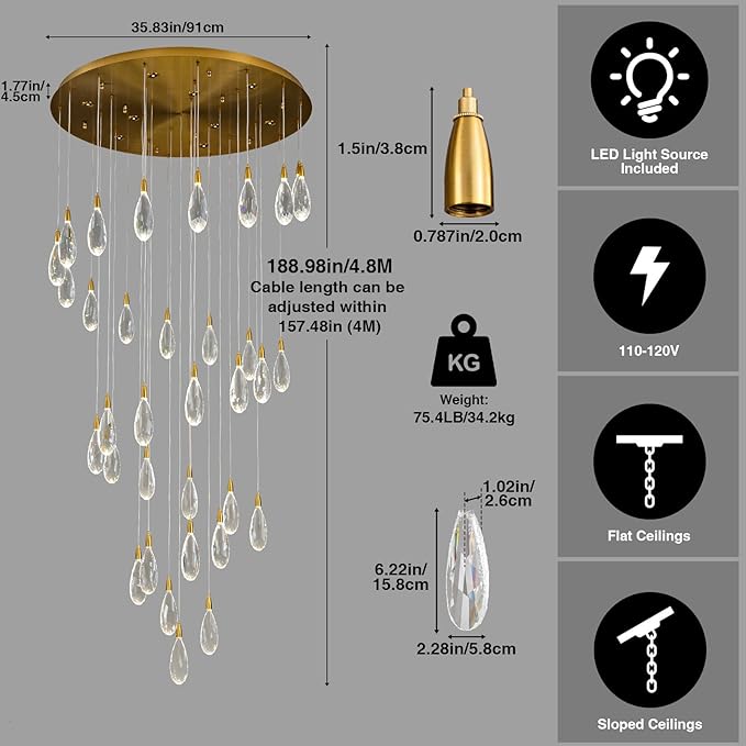 189" Luxury Long Crystal Chandelier, 43-Light Modern Gold Raindrop Staircase Chandelier, Contemporary 4000K Dimmable Flush Mount Light Fixture for Foyer, Entryway, Living Room, High Ceilings