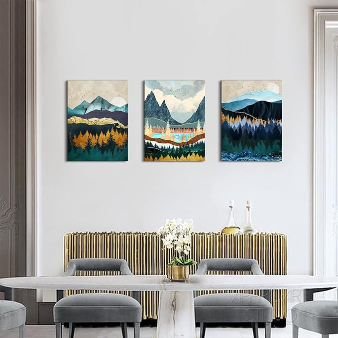 Nature Wall Art Abstract Mountain Pictures for Living Room Blue Forest Landscape Wall Decor Boho Paintings Canvas Prints Mid Century Minimalist Wilderness Modern Artwork Home Decorations 20x28” 3Pcs