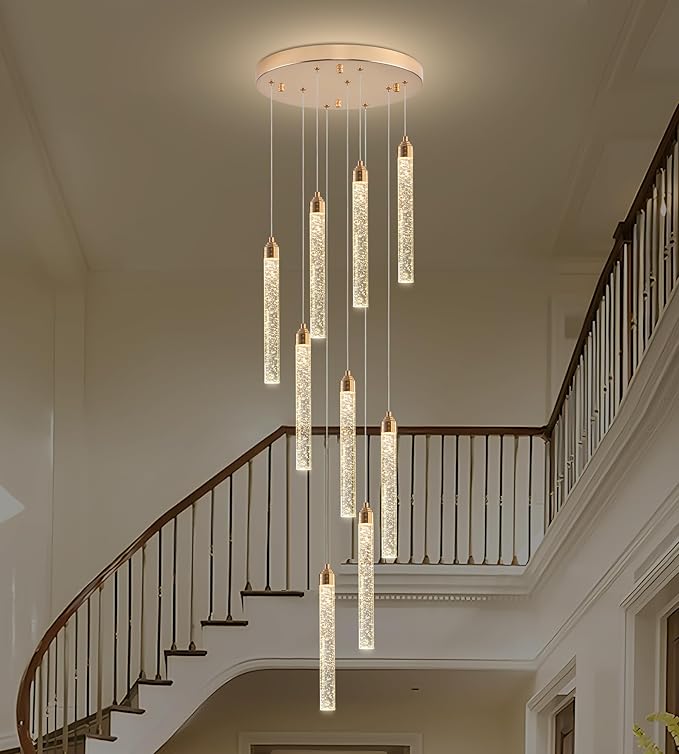 9-Light Gold High Ceiling Crystal Staircase Chandelier, Modern Spiral Raindrop Dimmable LED Bubble Cluster Ceiling Hanging Lighting Fixture for Foyer Living Room Entrance Remote Control