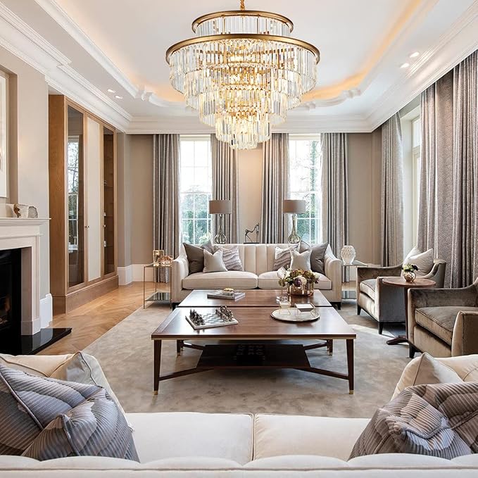 35" 24-Light Modern Crystal Chandelier Light Fixture Large 6-Tier Gold Luxury Chandeliers for Dining Room Round Hanging Pendant Lighting for Living Room Kitchen Entryway Bedroom Foyer Lobby