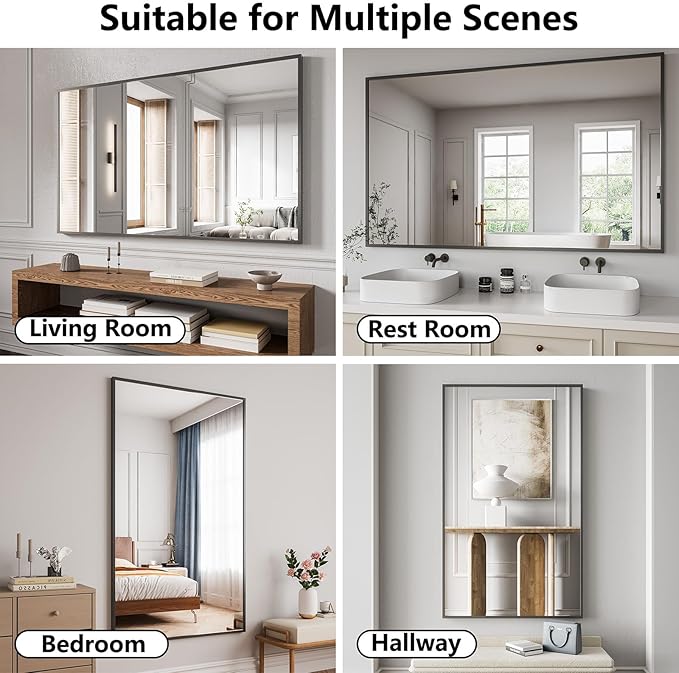 Bathroom Mirror 36x60 Black Bathroom Wall-Mounted Mirrors, Modern Vanity Mirror for Bedroom, Living Room, Aluminum Alloy Frame Allow to Hang Horizontally or Vertically