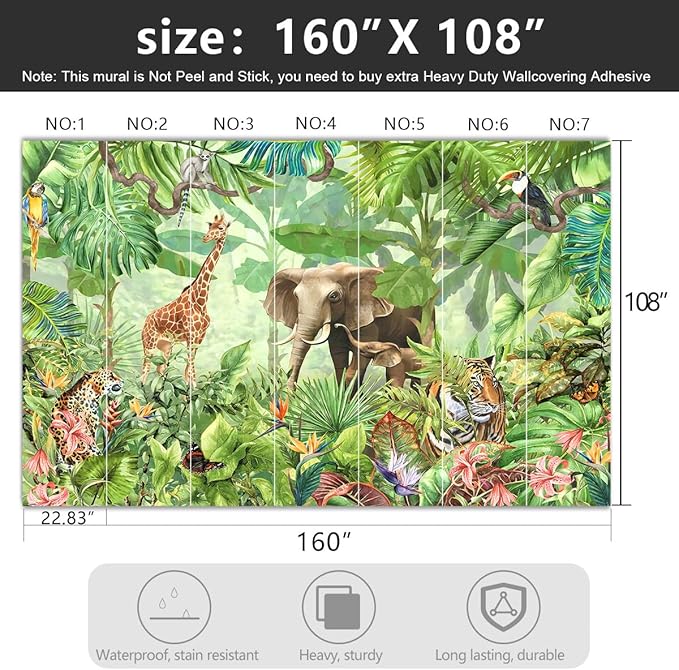 -Green Rainforest Plants Animals Tiger Cloth Wallpaper Jungle Plants Banana Leaves Boys Girls Kindergarten Children's Room Large Mural- 160"x108"（ not Peel and Stick）