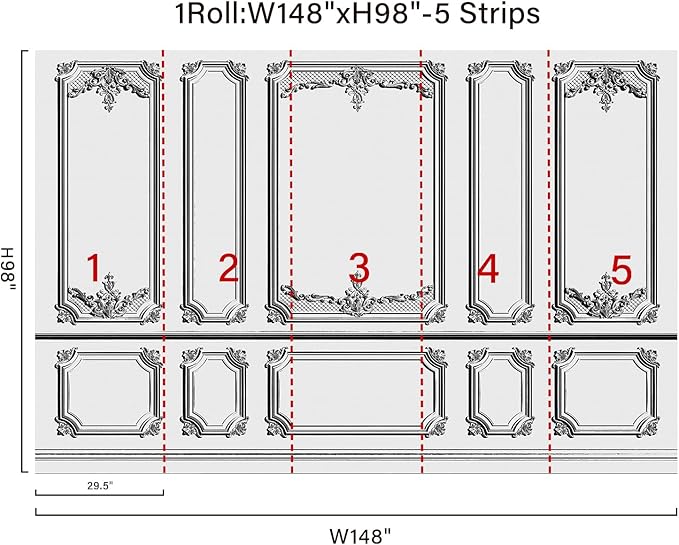 Large 3D Peel and Stick French Wallpaper Mural 148" W x 98" H Classic Black and White Interior Wall with Mouldings Mural Vintage Architectural Wallpaper for Bedroom TV Background Living Room