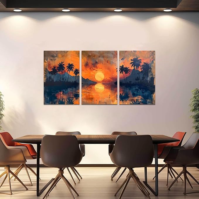 MAMAGO Large 3 Panels Sunset On Ocean Canvas Wall Art Palm Trees Natural Beautiful Print Oil Painting Stly for Living Room Bedroom Hallway Office Framed Easy to Hang-24”W x 36”Hx3pcs