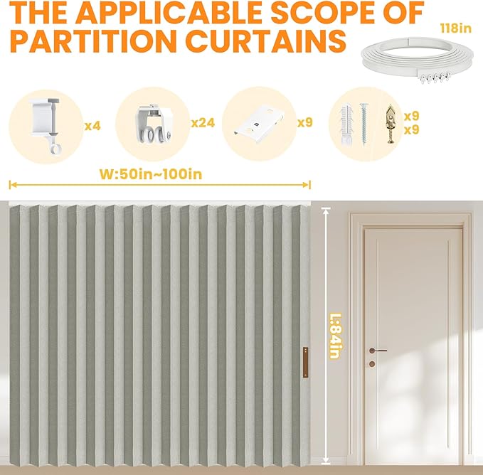 AJAZZ 100% Blackout Accordion Room Divider Curtains - with Flexible Ceiling Track Total Privacy Sound Proof Curtains Suitable for Bedroom Patio Sliding Door(Grey, W100 x L84, 1 Pack)