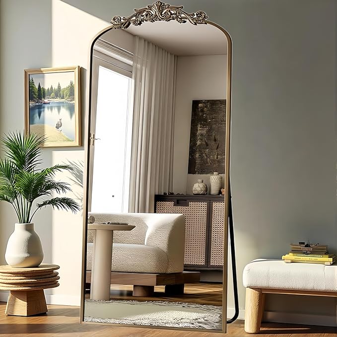 Arched Full Length Mirror, 71"x32" Full Body Mirrors with Carved, Floor Mirror for HomeDecor, Standing/Halling Large Wall Mirror for Bedroom, Living Room, Cloakroom, Bronze, Retro Style