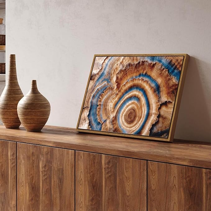 BingruiArt Framed Tree Ring Canvas Wall Art Abstract Wood Wall Decor Boho Modern Colorful Nature Painting Wood Stump Prints Pictures for Living Room Bedroom Bathroom Office 12"x16" Natural Framed(10)