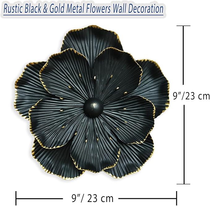 Metal Flower Wall Art Decor, 9" Rustic Modern Floral Sculpture, Distressed Iron Wall Hanging Home Decoration Accent Artworks for Indoor Kitchen Bedroom Living Office Outdoor Garden Patio (35C-Black)