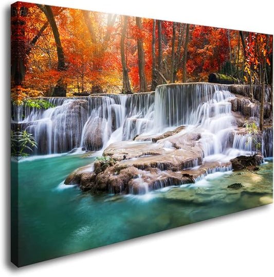 Aibonnly Wall Art Canvas Painting Red Forest Waterfalls 1 Piece Modern Landscape Tree Picture Poster Print Framed and Stretched Ready to Hang for Living Room Bedroom Kitchen Office Home Decor