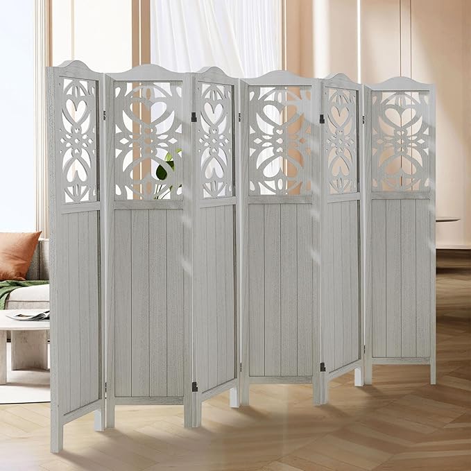 6 Panel Room Divider Fully Assembled, Carved Room Dividers and Folding Screens, 5.6Ft Wood Room Divider Screen Freestanding Partition Wall Dividers for Home Bedroom Office, Rustic White