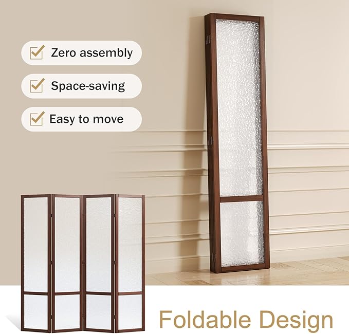 Acrylic Room Divider, 4-Panel Freestanding Partition Screen, Frosted Translucent Privacy Panel - Lightweight Modern Divider for Home Office Studio (Walnut, 4 Panels)