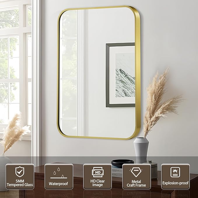 Matte Gold Mirror, 22x30 Inch Brushed Gold Mirror, Aluminum Alloy Framed Vanity Mirror, Rounded Rectangle Bathroom Mirror for Over Sink, Anti-Rust Wall Mirror (Horizontally or Vertically)