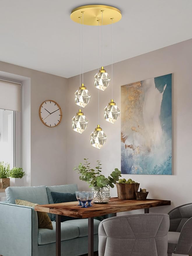5-Light Raindrop Pendant Light, Gold Kitchen Island Hanging Light Fixtures, Modern Art Raindrop Clear Solid Crystal Chandelier for Dining Room Living Room Foyer