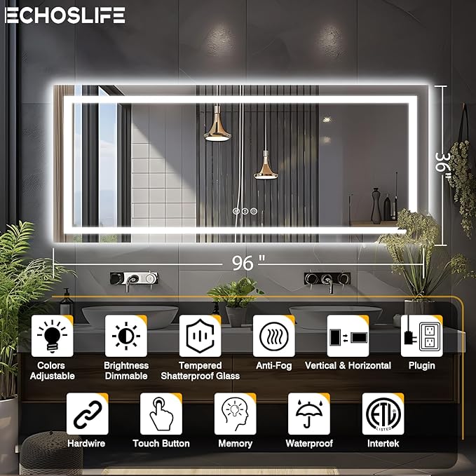 96"x36" Large LED Bathroom Mirror with Lights (Front and Backlit), Anti-Fog Lighted Mirror for Wall, Stepless Dimmable Lighted Mirror, 3 Colors Smart Mirror (Horizontal/Vertical)