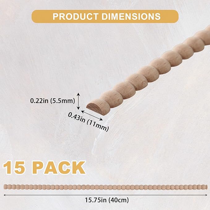15-Pack 15.75" Unfinished Wood Beaded Trim - Easy to Paint, Cute Decorative Molding DIY Craft for Furniture Frame, Mirror Edge, Wall, Door, Closet, Dresser, Shelf