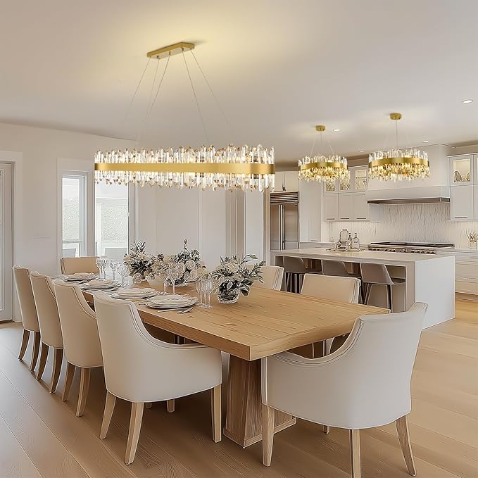 Modern Chandelier, 20-Lights 2 Tiers Gold Rectangular Chandeliers for Dining Room, 52'' Luxury K9 Raindrop Crystal Chandeliers, Adjustable Kitchen Island Chandelier for Living Room, Foyer Entryway