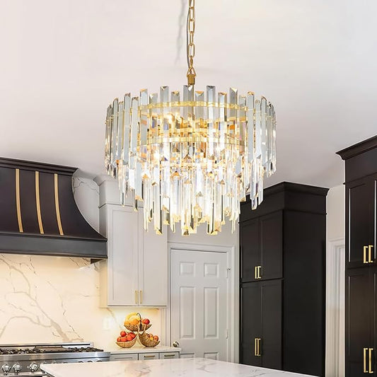 17.6" Modern Crystal Chandelier, 3-Tier Gold Pendant Light with 6 Lights, Luxury K9 Crystal Ceiling Fixture for Dining Room Living Room Foyer
