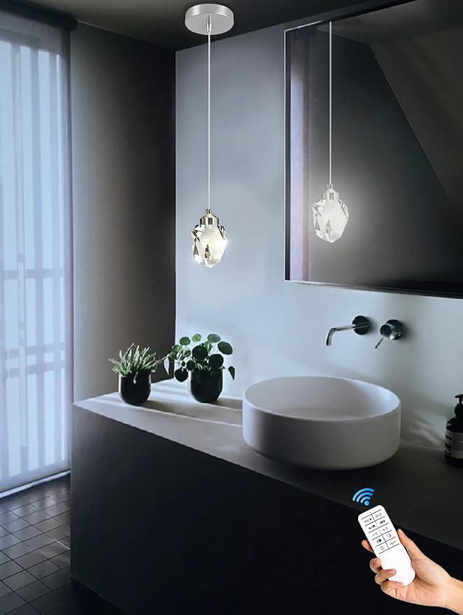 Chrome Crystal Pendant Lights Kitchen Island, Bedroom Bedside Hanging Crystal Ceiling Light, Dimmable 3000k-6000k 1-Light Independent