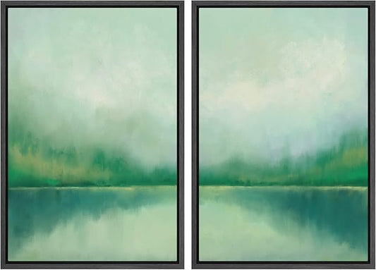 MUDECOR Framed Canvas Print Wall Art Set Pastel Watercolor Green Forest Lake Landscape Abstract Shapes Illustrations Modern Art Decorative Boho for Living Room, Bedroom, Office - 16"x24"x2 Black