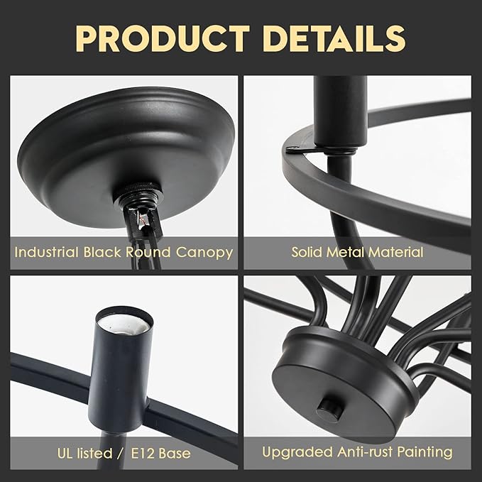 9-Light Black Chandelier Light Fixture Classic Candle Chandelier Lighting Over Table for Dining Room Living Room Bedroom Foyer Kitchen Island, 28.54in, E12