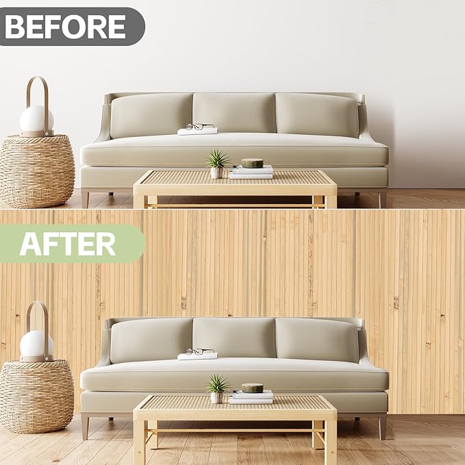 Bamboo Wall Panels for Interior Wall Decor（48" H x 96" L） Natural Wainscoting Panels Wall Paneling for Living Room Decor, Tiki Bar,Kitchen,Ceiling Tiles, Pole Wrap Wood Roll,Wall Decor for Bedroom