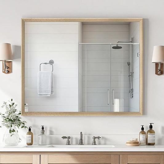 Oak Wood Effect Framed Wall Mirror, 32x40 Rectangle Mirror, 1/8" Anti-desilvering Tempered Glass, Sustainable& Sturdy Frame, Anti-Rust, HD Reflection &3min Fast Setup for Bathroom Living Room
