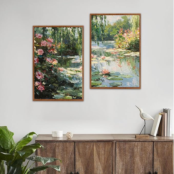 LHIUEM Monet Water Lilies Floral Framed Canvas Wall Art Set,Vintage Impressionist Botanical Wall Decor,Oil Paintings Style Flowers Artwork for Living Room,Bedroom,Dining Room,Office -16"x24"x3