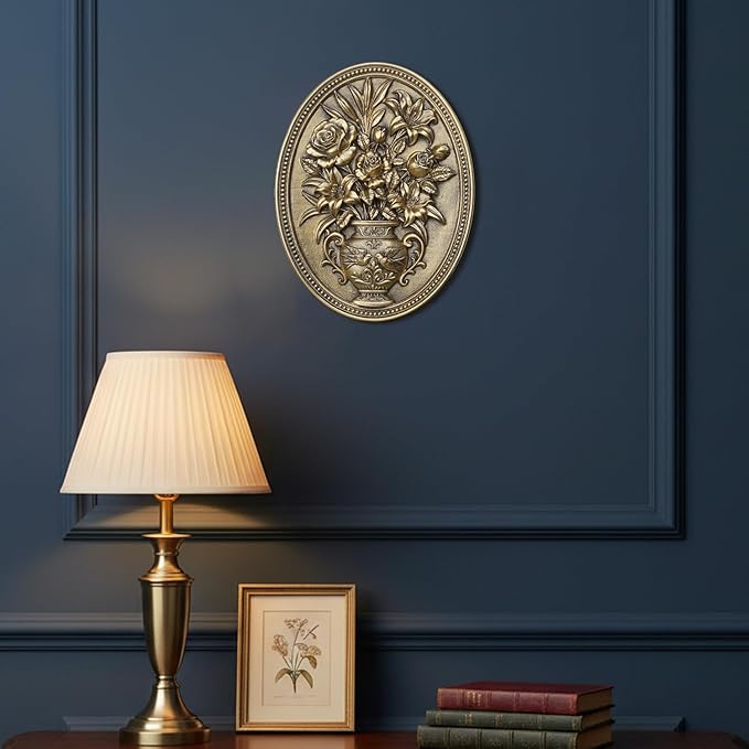 Newinhome Vintage Flower Wall Sculpture, Antique Wall Decor, Hand Painted Wall Decorations with Embossed Flower Design, Antique Pediment, Gold Decor for Living Room Bedroom Hallway, Unique Gifts