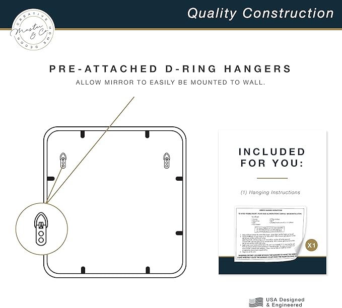 MCS Master & Co. Modern Metal Large Wall Mirror, Minimalist Home Decor Square Mirror with Rounded Corners for Living Room, Bedroom, or Bathroom, Brass, 24 x 24 in