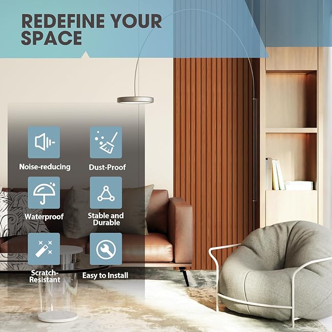 OUZUGIE WPC Acoustic Slat Wall Paneling, 8-Pack 114 x 6 Inches 3D Wall Panels for Interior Wall Decor,Living Room,TV Background,Study Room,Office Spaces,Bedroom,Low Grille (Teak)