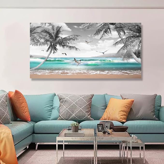 Beach Palm Pictures Canvas Wall Art For Living Room Bedroom Wall Decor,Sea Wave Wall Art Print Paitnings For Home Decor,Morden Artwork Coconut Tree Canvas Art Ready To Hang-20X40Inches