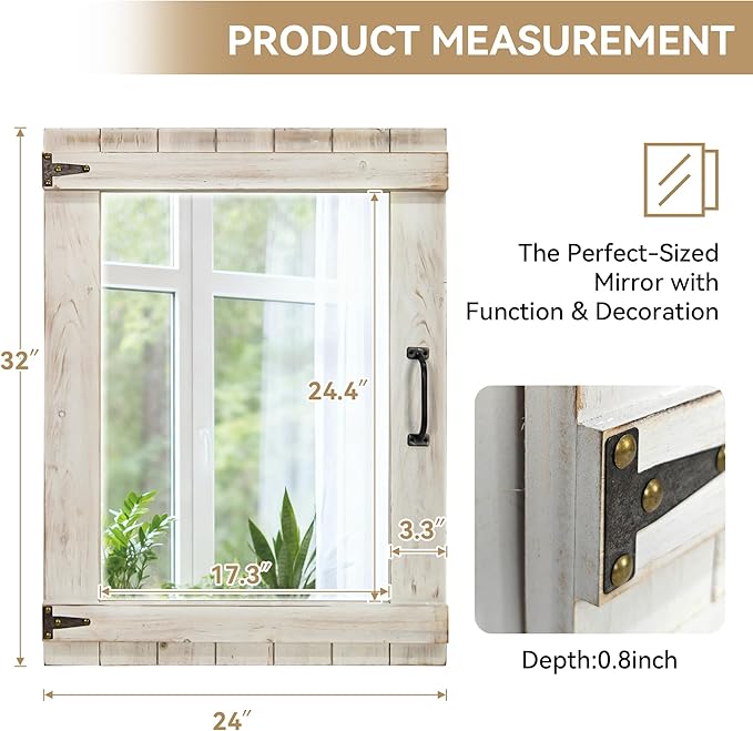 Oakrain Farmhouse Mirror, 24x32 Inch Distressed White Wood Frame with Black Metal Hinges, Rustic Wall Mirror for Bathroom, Living Room, Entryway, Bedroom