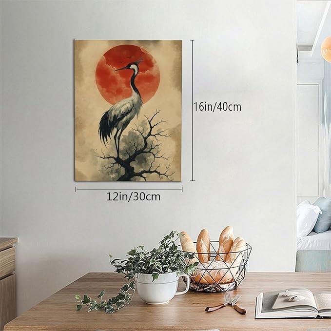 Japanese Crane Wall Art Oriental Asian Wall Decor Sandhill Crane Canvas Pictures Paintings Prints Japan Traditional Aesthetic Artwork Framed Chinese Decorations For Bedroom Living Room Office Gifts 12" x 16"