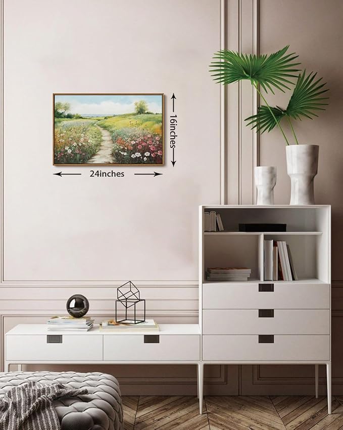 KISSFOX Vintage Framed Wall Art Decor Modern Farmhouse Spring Landscape Pictures Paintings Wall Decor Rustic Wildflower Canvas Art Prints Nature Countryside Artwork For Bedroom Kitchen Living Room