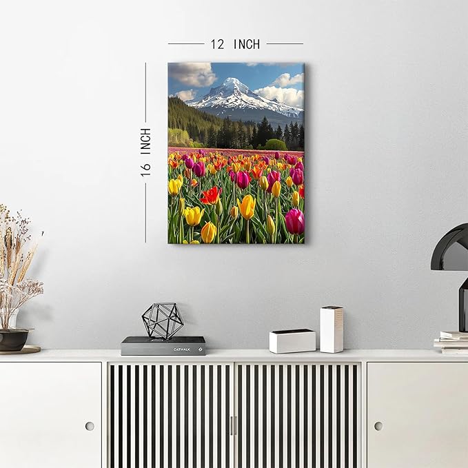 Mt Hood Mountain Wall Art Yellow Flowers Wall Decor Snow Mountains Landscape Canvas Prints Tulips Flower Field Scenery Pictures Nature Forest Artwork for Bedroom Living Room Home Decoration 12x16"