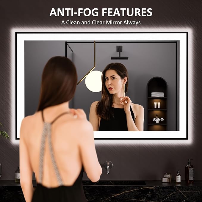 LOAAO 48"X30" LED Bathroom Mirror Black Framed, Anti-Fog, Dimmable, Lighted Bathroom Vanity Mirror for Wall, Memory Function, Tempered Glass