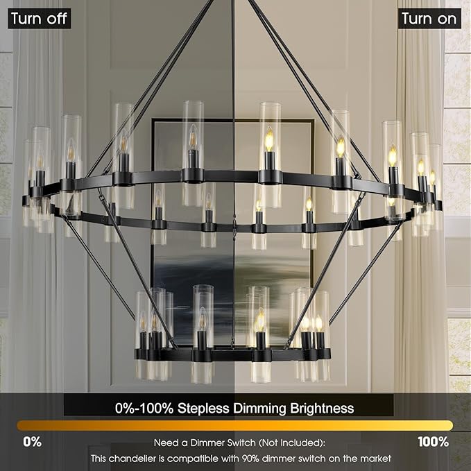 Black Wagon Wheel Chandelier 2 Tier, 60 Inch Chandeliers with Glass Shade, 30-Light Large Chandelier for High Ceiling, Modern Farmhouse Chandeliers for Living Room, Dining Room, Entryway and Staircase