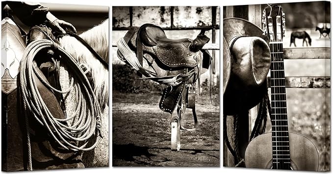 3 Pieces Retro Canvas Prints American West Rodeo Cowboy Wall Art Painting Brown Straw Hat on Leather Rancher Roper Boots and Guitar Picture on Canvas Artwork for Home Office 16x24inchx3pcs
