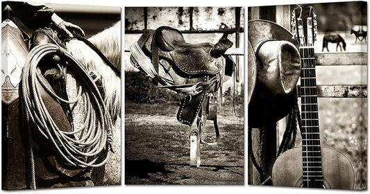 3 Pieces Retro Canvas Prints American West Rodeo Cowboy Wall Art Painting Brown Straw Hat on Leather Rancher Roper Boots and Guitar Picture on Canvas Artwork for Home Office 16x24inchx3pcs